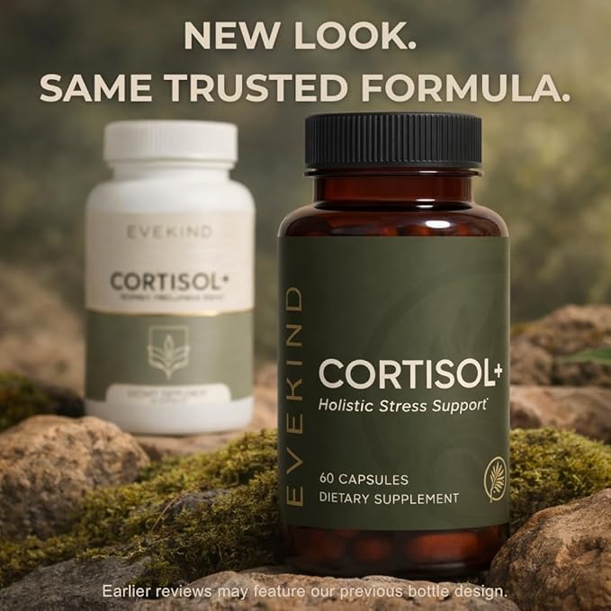 EVEKIND Cortisol+ – Cortisol Supplement for Women | Stress Support | Calm Mood, Focus & Steady Energy | KSM-66® Ashwagandha, Rhodiola, L-Theanine, Magnesium Glycinate | 60 Capsules