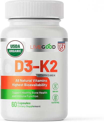 LIVEGOOD Organic D3 K2 Supplement 2000 IU, Vegan Capsules with MK-7, Pure Vitamin D3 with K2 for Immune, and Bone Support Made in the USA Organic D3 K2 Formula (60 Count)