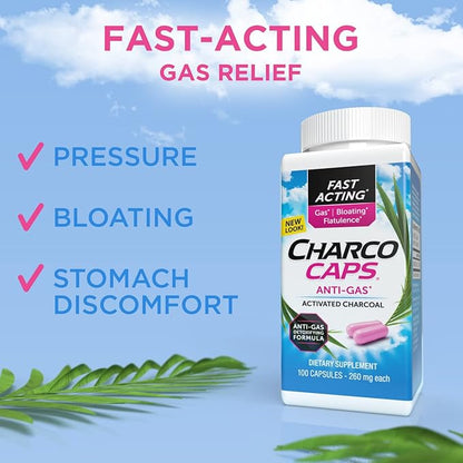 Charcocaps Fast Acting Gas Relief for Bloating & Flatulence,Drug Free Detoxifying Activated Charcoal Formula,100 Capsules,30 Day Supply,Pink,(Pack of 2)