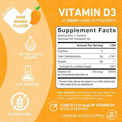 PUREFINITY Vitamin D3 5000 iu Gummies – Your Daily Vitamin D Supplement for Bone Health, Immune Health, and Joint Muscle Support for Adults & Kids – Gluten Free, Non-GMO – 60 Veggie Gummies