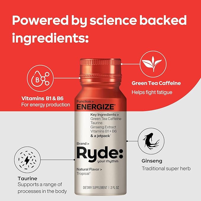 Ryde Discovery Pack | Energize, Focus, Relax & Sleep Shots | Green Tea Caffeine, Ginseng, B Vitamins, L-Theanine, Lemon Balm, Chamomile, Melatonin | 0 Calories, 0 Sugar | Variety Pack (8 Pack)