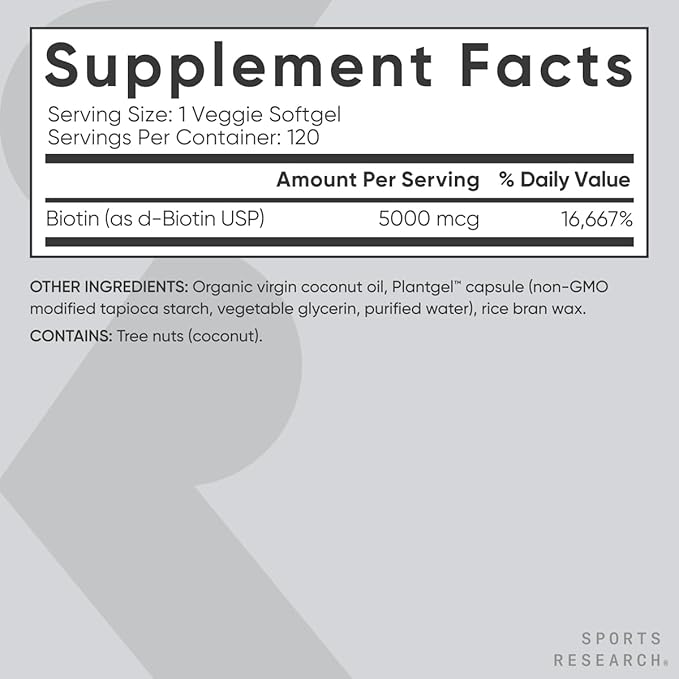 Sports Research® Biotin 5,000mcg with Organic Coconut Oil - Biotin (Vitamin B7) for Healthy Skin and Hair Support* - for Women and Men - Vegan, Non-GMO, Gluten & Soy-Free - 120 Veggie Softgels