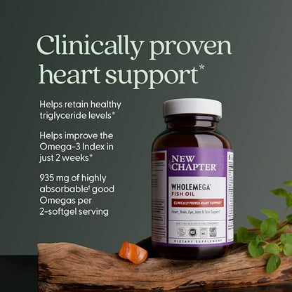 New Chapter Wholemega Fish Oil Supplement - 2000mg per Serving, Clinically Proven Wild Alaskan Salmon Oil with Omega-3 + Vitamin D3 + Astaxanthin, 120 Softgels