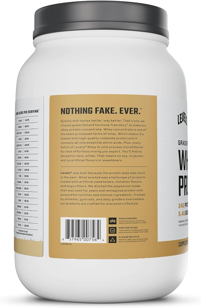 Levels Grass Fed Whey Protein Powder, No Artificials, 24G of Protein, Cappuccino, 2LB