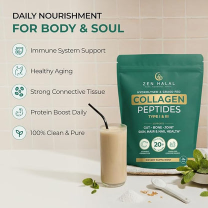 Collagen Powder with Vitamin C & Probiotic (18g Protein) Pure Grass Fed Halal Collagen Peptides for Women - Unflavored & Hydrolyzed Bovine Type I & III for Skin, Hair, Nails, Joints and Gut