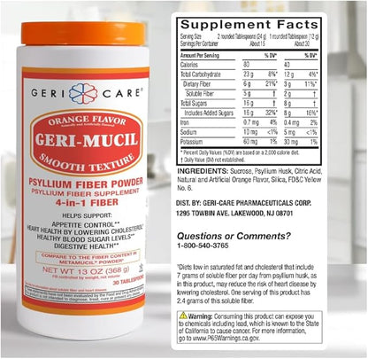 GeriCare Geri-Mucil Psyllium| 4-In-1 Orange-Flavor Psyllium Husk Powder| Daily Fiber Supplement| Sweetened Gluten-Free Fiber Drink Mix| Water-Soluble Husk Fiber Powder For Bowel Movement|13oz (2 Pack)