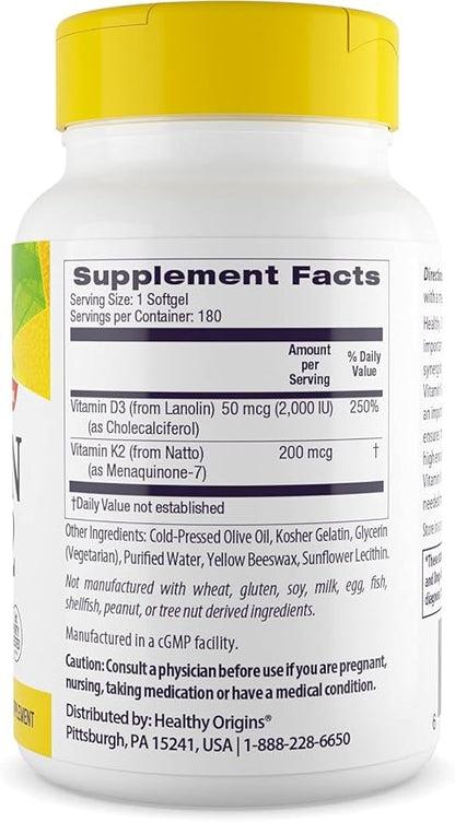 Healthy Origins Vitamin D3 2,000 IU (50 mcg) & K2 200 mcg (Non-GMO, 3rd Party Tested, Bone Support, Cardiovacsular Support), 180 Softgels