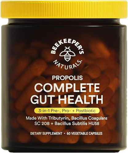 Complete Gut Health by Beekeeper's Naturals, 3-in-1 Prebiotic, Postbiotic, Probiotics for Digestive Health & Bloating Relief for Women & Men, Propolis Powered, Gluten-Free Vegan Capsules, 60ct