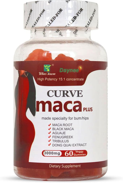 Maca Plus Gummies 3000mg, Glute Boost Vitamins for Women, Supports Curves, Energy & Skin Health, Strawberry Flavor, Vegan, 60 Count