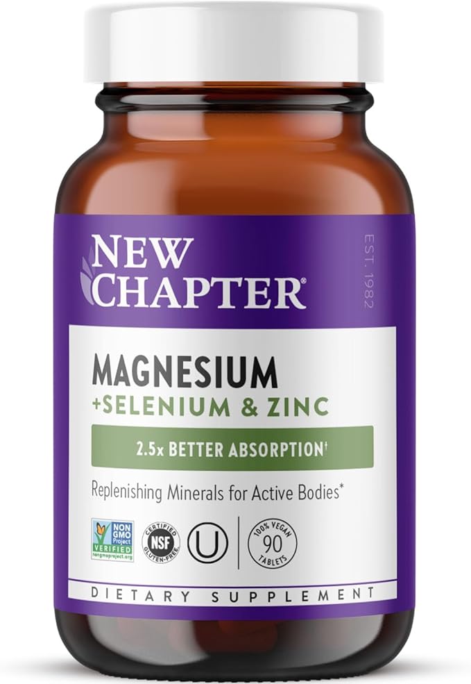 New Chapter Magnesium-Selenium-Zinc Supplement, 325 mg Magnesium in One-Daily Tablet for Active Bodies, Bounce Back After Exercise with Muscle Support Minerals + Hydrating Electrolytes, 90 Count