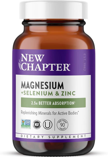 New Chapter Magnesium-Selenium-Zinc Supplement, 325 mg Magnesium in One-Daily Tablet for Active Bodies, Bounce Back After Exercise with Muscle Support Minerals + Hydrating Electrolytes, 90 Count