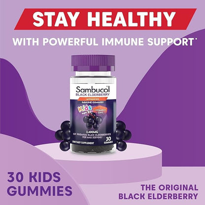 Sambucol Black Elderberry Gummies for Kids - Elderberry Gummies with Zinc and Vitamin C, Chewable Supplement for Kids, Low Sugar, Berry Flavor - 30 Count