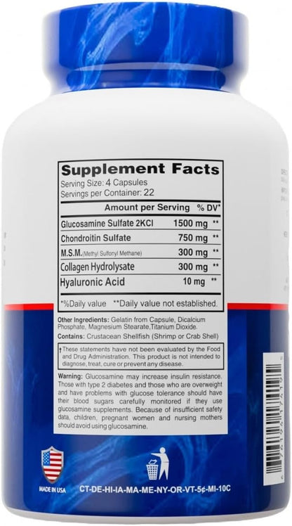 Premium Glucosamine & Chondroitin Nutritional Supplement - Healthy Joint, Bone & Knee Support - Rich in MSM & Collagen - Organic Natural Ingredients - Made in USA - 90 Capsules - 4 Pack