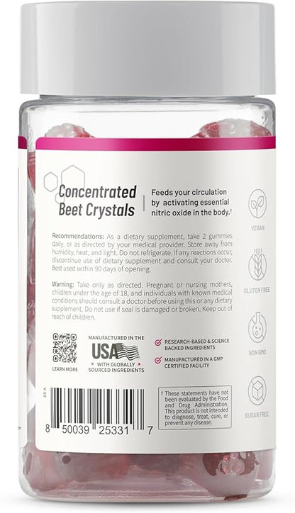 Snap Supplements Nitric Oxide Gummies - Beet Root Extract 300mg, Sugar Free Beetroot Supplement with Pomegranate Powder for Circulation & Natural Energy, 60 Vegan Gummies, Cherry Flavor