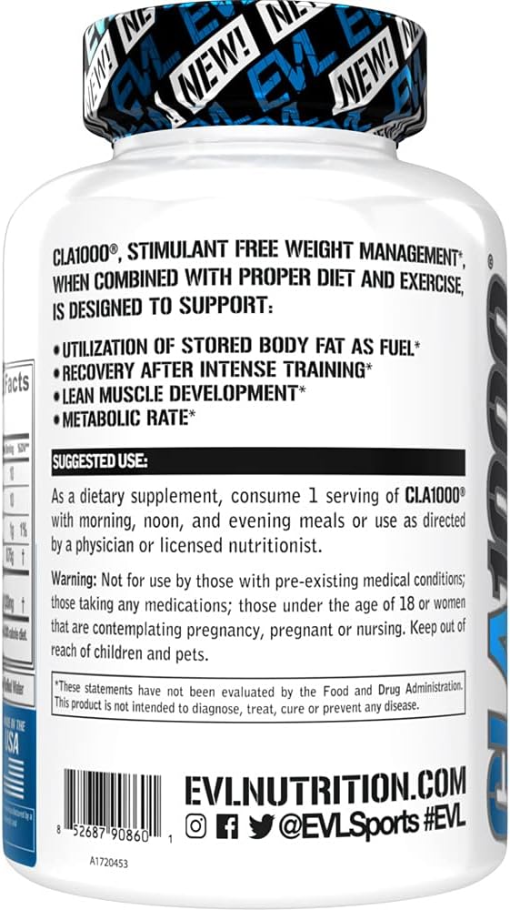 Evlution Conjugated Linoleic Acid CLA Supplement Nutrition Lean Muscle Mass Builder & Fat Burner for Men and Women - Stimulant-Free Safflower Based CLA 1000mg Blend Per Serving (90 Servings)