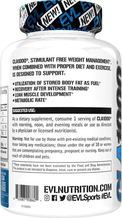 Evlution Conjugated Linoleic Acid CLA Supplement Nutrition Lean Muscle Mass Builder & Fat Burner for Men and Women - Stimulant-Free Safflower Based CLA 1000mg Blend Per Serving (90 Servings)