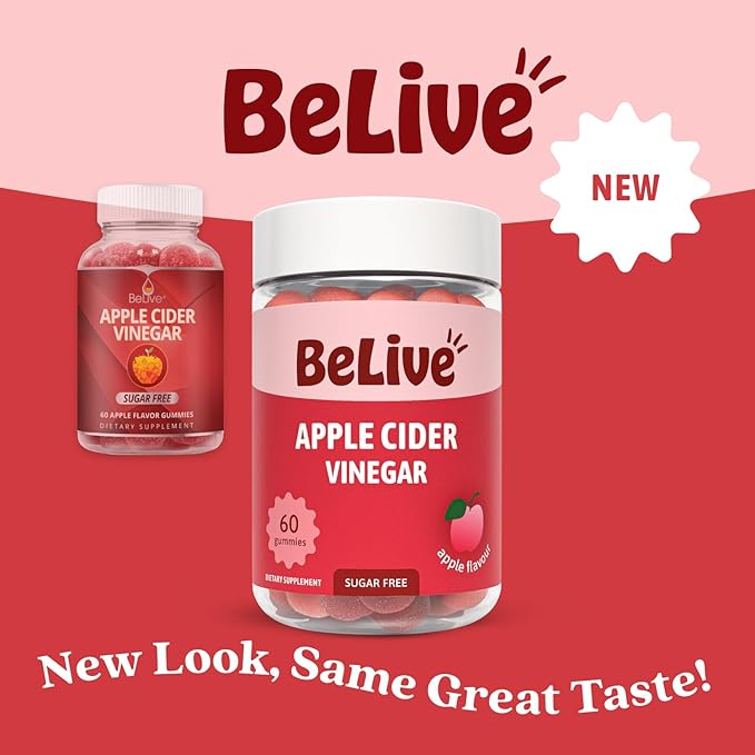 BeLive Apple Cider Vinegar Gummies - ACV Gummies Without Sugar I Detox & Cleanse Digestive Health I Alternative to Capsules, Vegan, Keto Friendly, Non-GMO, Gluten Free | 60 Ct