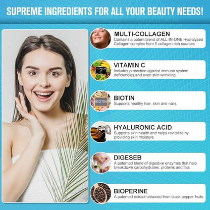 TheraSuva Multi-Collagen Complex + Biotin + Vitamin C – Types I, II, III, V & X – Natural Supplement for Hair, Skin, Nails & Joint Support, 2 Month Supply, 120 Softgels
