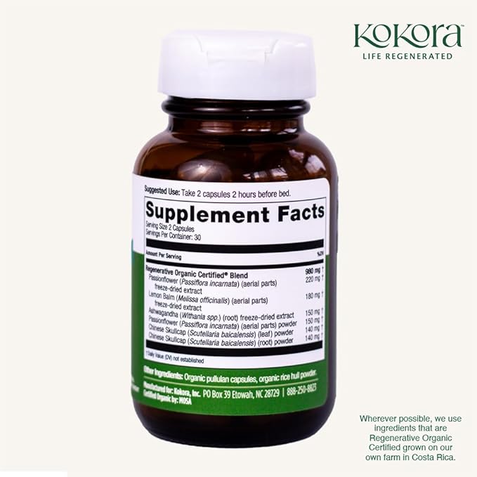 Regenerative Sleep - Regenerative Organic Certified - Supports Restful, Quality Sleep, Relaxation* - Adaptogen Blend w/Lemon Balm & Passionflower - Vegan & Non-GMO - 60 Capsules - 30 Servings