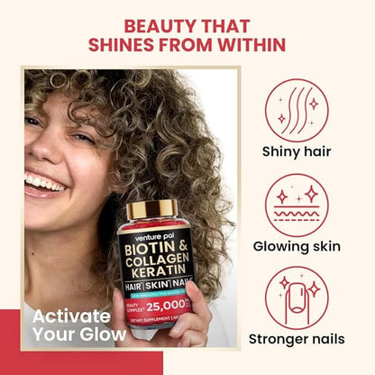 Venture Pal Biotin Gummies with Collagen & Keratin - Hair Growth Support Skin and Nail Strength Vitamins for Women & Men - Biotin 10000mcg | B-Complex | Saw Palmetto - Sugar Free, Non-GMO, 60ct