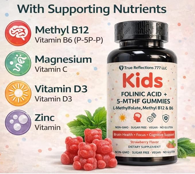 Folinic Acid Gummies for Kids & Adults – with L-Methylfolate Methyl B12, P5P B6, Magnesium Glycinate, Vitamin D3 & C Methylated Folate Support for Brain,Focus, Mood & Cellular Health – 5-MTHF