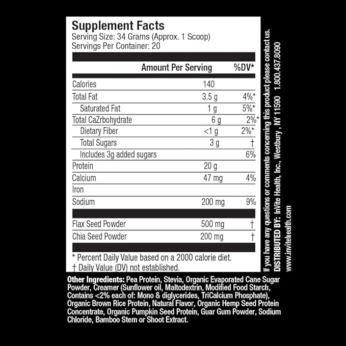 Invite Health Plant Protein Vanilla - Promotes Satiety - Boosts Energy - Supports Lean Muscle Mass - 24Grams (Approx. 1 Scoop) - 20 Servings