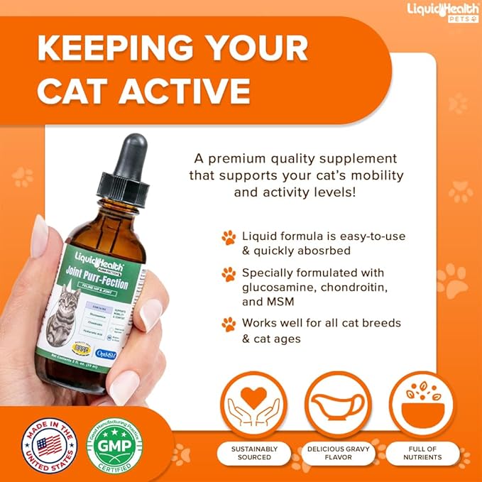 LIQUIDHEALTH Pets Liquid Cat Glucosamine Joint Purr-Fection - Hip & Joint Health Relief Support, Chondroitin Feline Droppers for Senior Older Adult Cats & Kittens - Made in the USA (2 Pack)