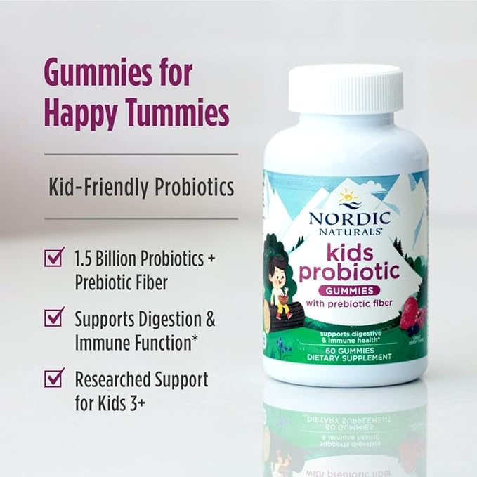 Nordic Naturals Kids Nordic Flora Probiotic Gummies, Merry Berry Punch - 60 Gummies - 1.5 Billion CFU & Prebiotic Fiber - Non-GMO, Vegan - 30 Servings