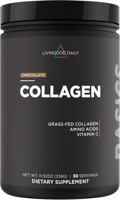 Livingood Daily Chocolate Collagen Powder for Women & Men, Hydrolyzed Collagen Peptides Powder with Vitamin C, Protein with 20 Amino Acids, Type I & III, Grass Fed, Keto, Paleo, Gluten Free, 30 Srvgs