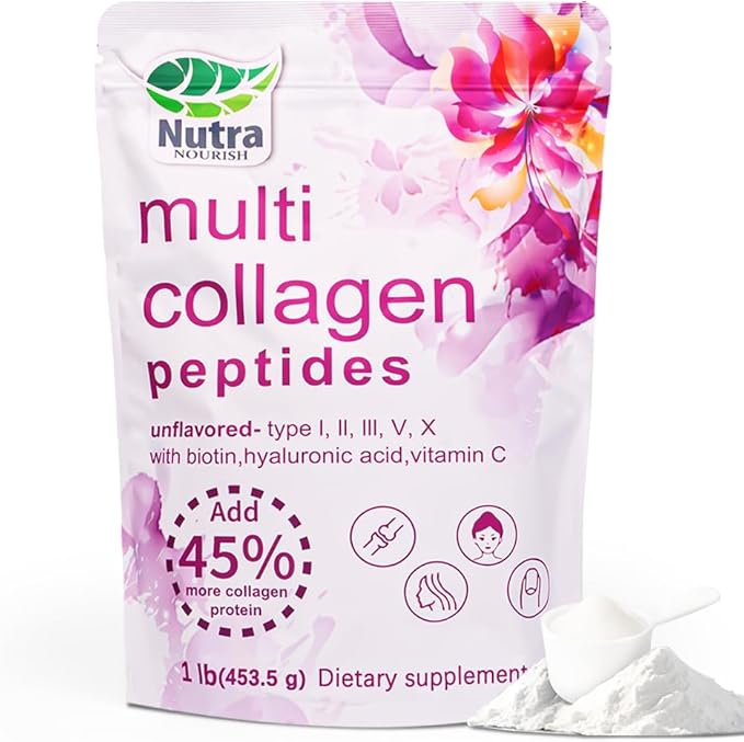 Multi Collagen Peptides Powder, 1LB | (Type I, II, III, V, X) with HyaluronicAcid, Biotin & Vitamin C,Supports Hair, Skin & Joint Health,Unflavored