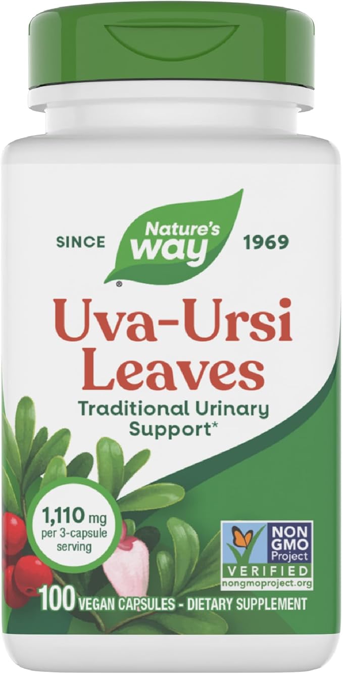 Nature's Way Uva Ursi Leaves, Traditional Urinary Support*, 1,110 mg per 3-Capsule Serving, Non-GMO Project Verified, Herbal Dietary Supplement, Gluten Free, 100 Vegan Capsules (Packaging May Vary)