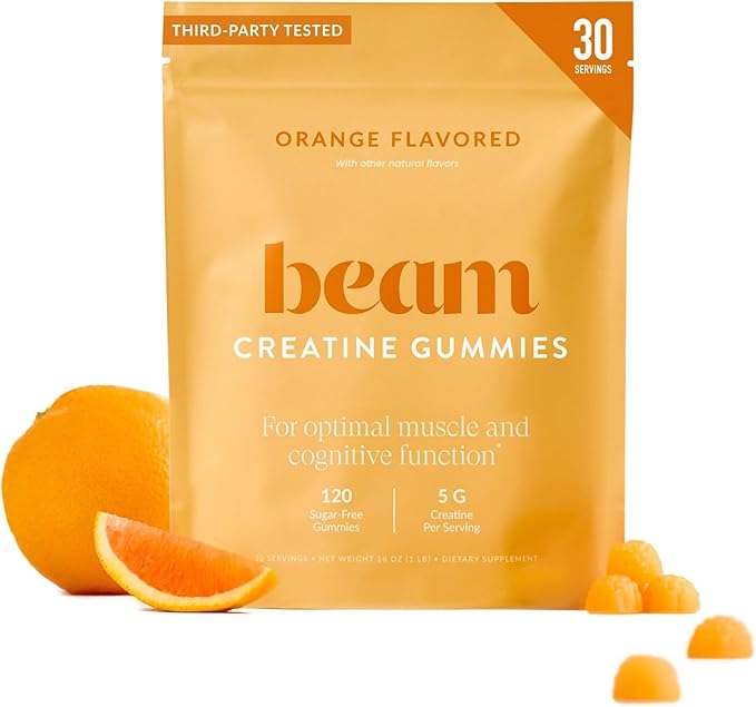 Beam Creatine Gummies – Creatine Monohydrate Gummies with 5g Creatine, Sugar Free, Muscle Strength & Workout Recovery Support, Creatine Gummies for Women and Men, Orange Flavor, Vegan, 30 Servings