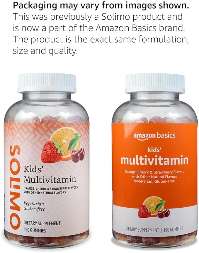 Amazon Basics Kids' Multivitamin Gummies, Cherry, Strawberry & Orange Flavors, 190 Count (Previously Solimo)