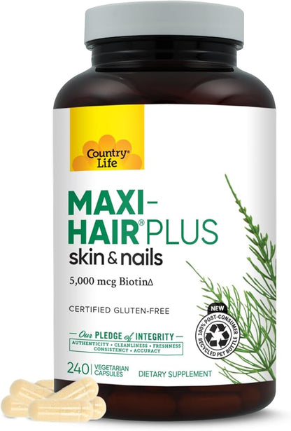 Country Life, Maxi-Hair Plus Biotin, Supports Healthy Hair, Skin and Nails, Daily Supplement, 240 ct