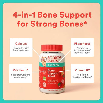 SmartyPants Kids Bone Support 4-in-1 Gummies with Calcium, Vitamin D3, K2 & Phosphorus for Growing Bones, Strawberry Mango, 60 Count (30 Day Supply)