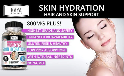 Kaya Naturals Skin Hydration Vitamins - Female Pills - Skin Enhancer Capsules -Hydration Booster for Women - Promotes Increased Energy, Mood & Stamina - Reduction in Dryness - 30 Veggie Capsules