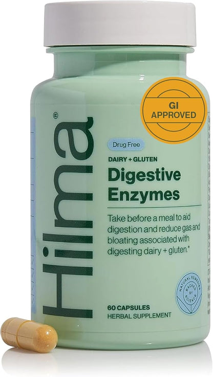 Hilma Digestive Enzymes for Women, Bloating Relief with Turmeric, Dandelion Root and Gluten Digestive Enzymes, Natural Gluten and Dairy Relief Pills, 60 Vegan Capsules