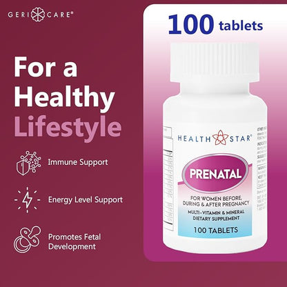 Prenatal Multivitamin by HealthStar for Healthy Mom and Baby - Folate + Vitamin C + Vitamin D + Iron + Calcium + B12 - 100 tablets