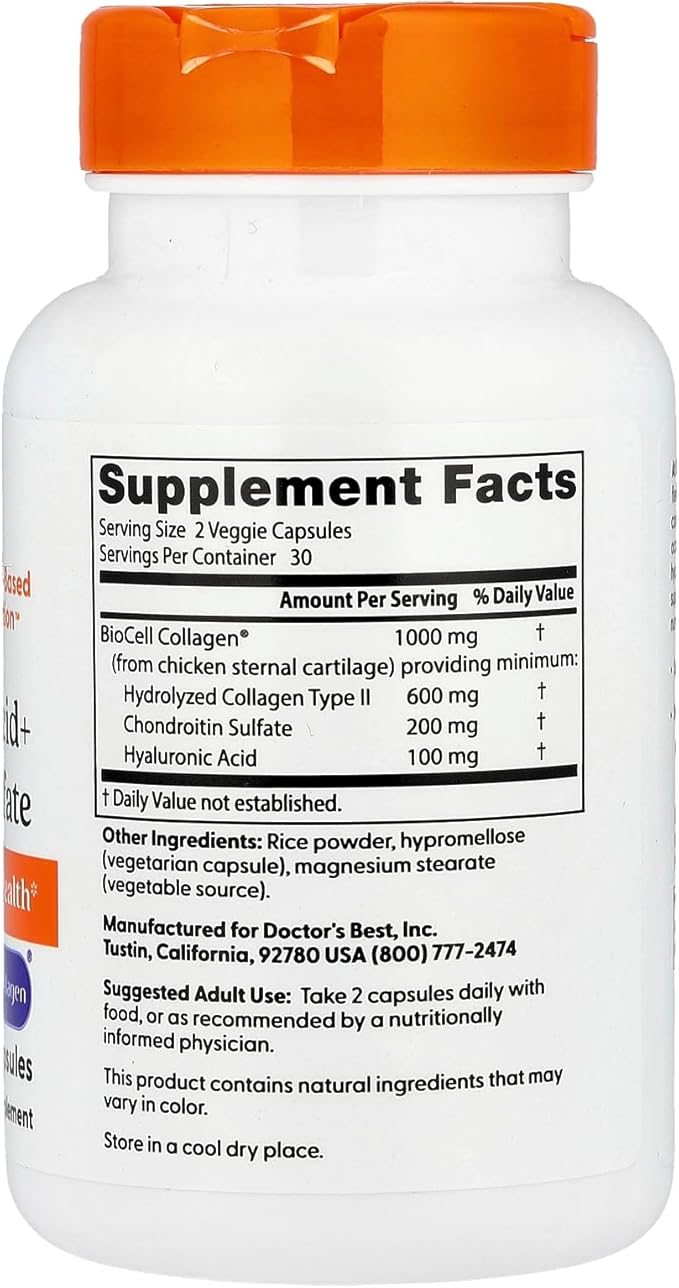 Doctor's Best Hyaluronic Acid with Chondroitin Sulfate Capsules - Joint Health Support Supplement for Women & Men, BioCell Collagen, Non-GMO, Gluten Free, Soy Free - 60 Veg Caps