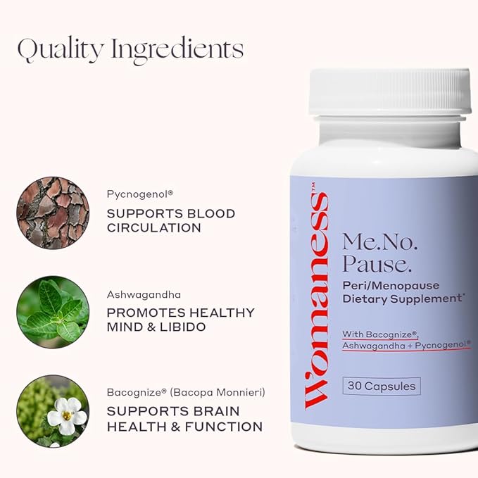 Womaness Me.No.Pause Supplement for Women - Hormone Balance for Women Perimenopause and Menopause - Ashwagandha, Pycnogenol and Bacognize for Hot Flashes, Brain Fog and Mood Hormone Free - 30 Capsules
