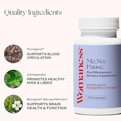 Womaness Me.No.Pause Supplement for Women - Hormone Balance for Women Perimenopause and Menopause - Ashwagandha, Pycnogenol and Bacognize for Hot Flashes, Brain Fog and Mood Hormone Free - 30 Capsules
