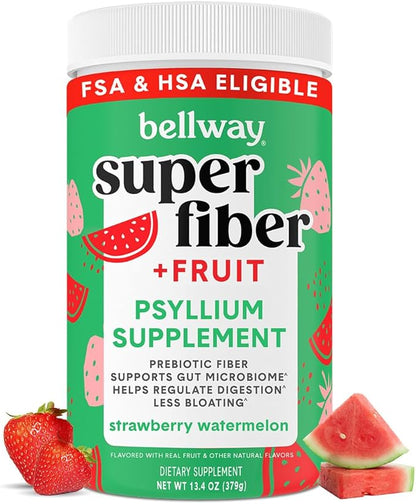 Bellway Super Fiber Powder + Fruit, Sugar Free Organic Psyllium Husk Powder Fiber Supplement for Regularity, Bloating Relief & Digestive Health, Plant-Based, Strawberry Watermelon (50 Servings)