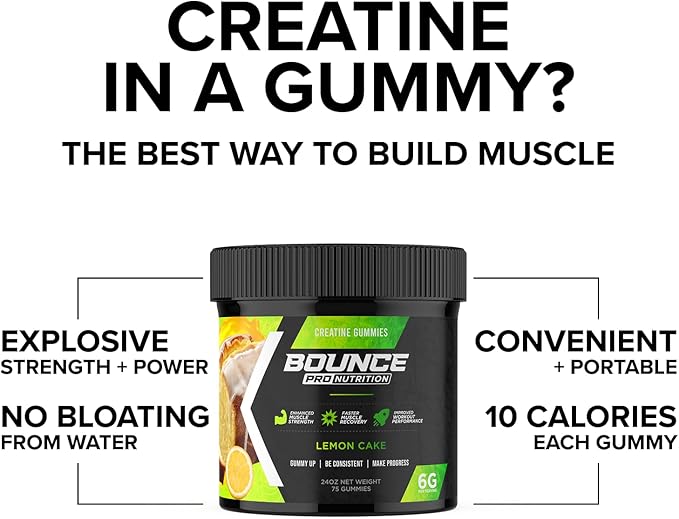 Bounce Pro Creatine Monohydrate Gummies for Men & Women, Low Calorie, 6G of Creatine per Serving, Vegan, Anti-Melting, Gluten-Free, Non-GMO (75 Count (Pack of 1), Lemon Cake)