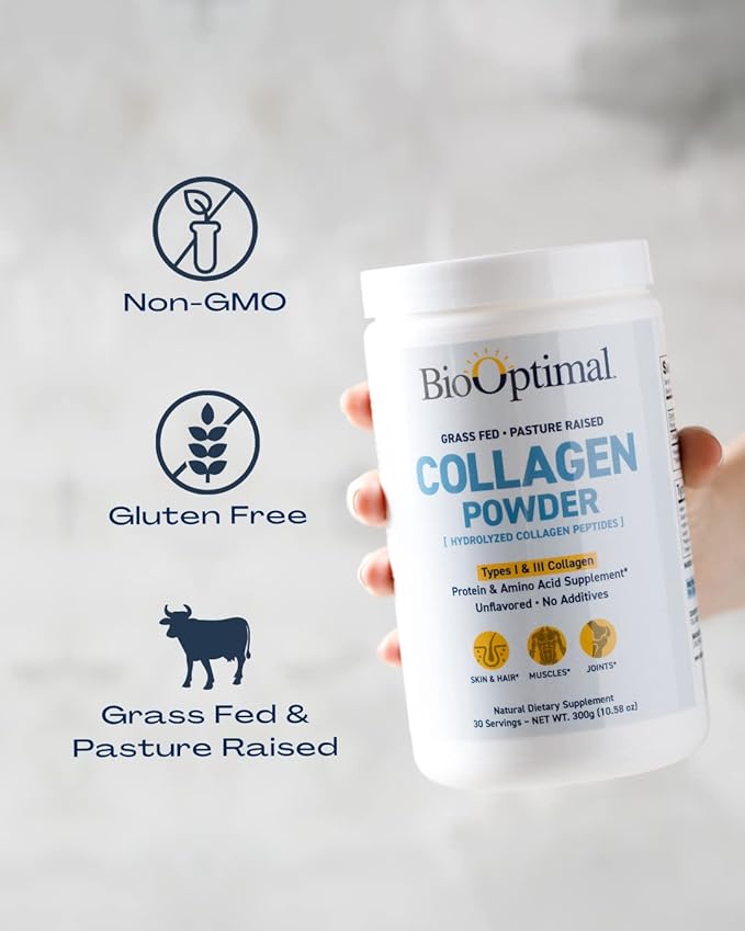 BioOptimal Collagen Peptides Powder - Grass-Fed, Pasture-Raised Hydrolyzed Protein Supplement for Skin, Hair, & Nails - Non-GMO, Zero Sugar Daily Supplement for Men & Women (30 Servings)