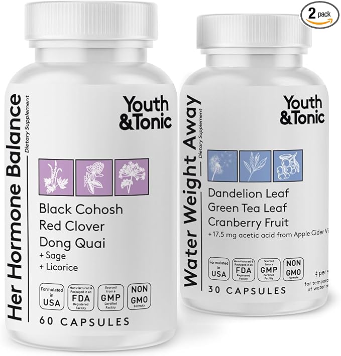 Youth & Tonic PMS & Menopause Bloating Relief Duo – Support for Puffiness, Hormonal Balance & Fluid Retention – Her Hormone Balance + Water Weight Away Natural Herbs for Women, 90 Capsules