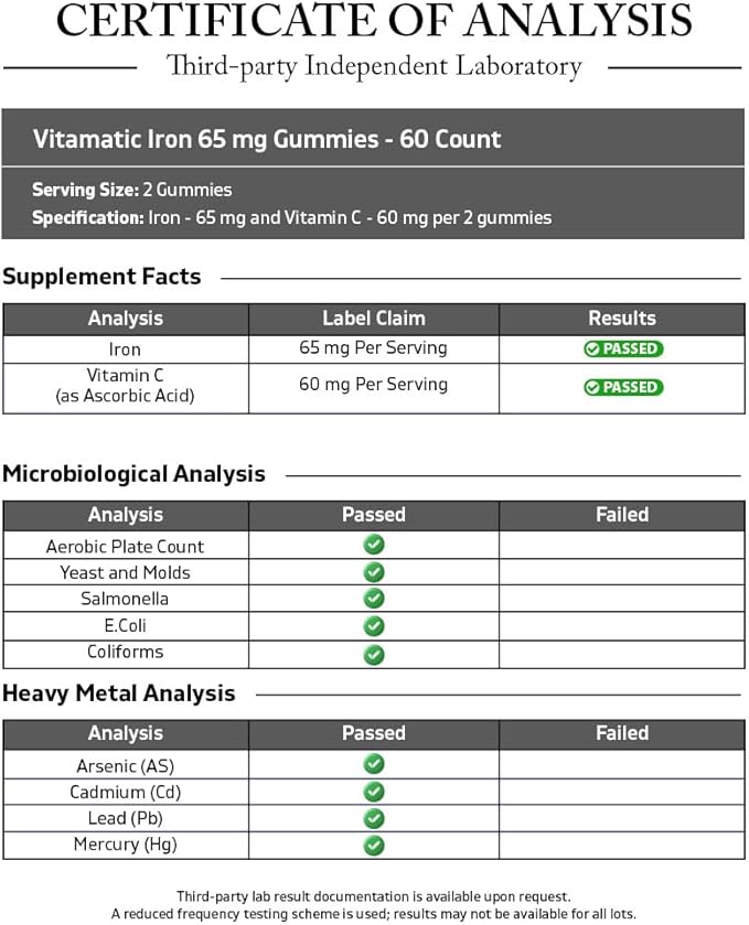 Vitamatic Iron 65 mg Gummies Supplement for Women & Men - 60 Vegan Gummies - Great Tasting Iron Gummy Vitamins with Vitamin C (1)