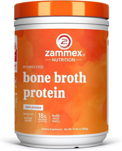 Zammex 100% Grass-Fed Beef Bone Broth Protein Powder, 18G Protein, Hydrolyzed Collagen Peptides Type 1&3, Supports Healthy Skin, Nails, Hair, Joints, Non-GMO, Gluten Free, Paleo & Keto Friendly