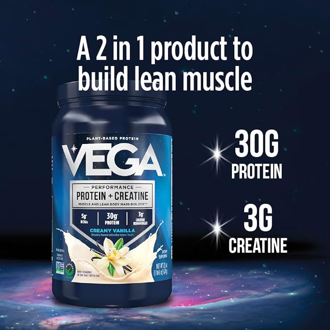 Vega Protein + Creatine - 30g Plant-Based Protein, Vanilla, 20 Servings, 3g Creatine, 5g BCAAs, Vegan, Keto, Gluten Free, Dairy Free, Low Carb, for Muscle Growth & Repair, Drink Mix, 33.9oz