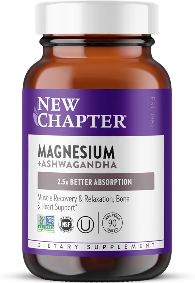 New Chapter Magnesium + Ashwagandha Supplement, 325 mg with Magnesium Glycinate for Muscle Relaxation & Recovery, Heart, Nerve & Bone Health, 2.5X Absorption, Non-GMO - 90 ct (3 Month Supply)