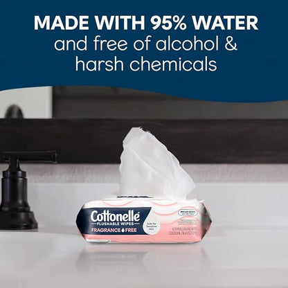 Cottonelle Fragrance Free Flushable Wet Wipes, Adult Wet Wipes, 2 Flip-Top Packs, 42 Wipes Per Pack